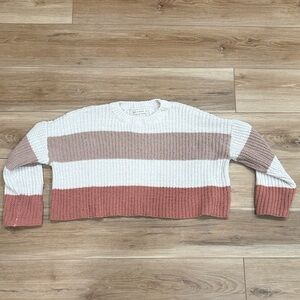 moon & madison Cropped Striped Sweater - Cream, Tan, Pink